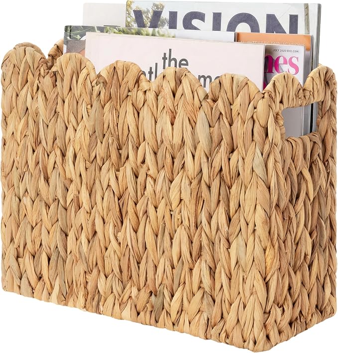 StorageWorks Scalloped Magazine Basket, Wicker Magazine Holder, Book Basket | Magazine Holder Bathroom, Mail Baskets for Counter, Hand-Woven Wicker Baskets, Rattan Magazine Rack for Bathroom, 1 Pack
