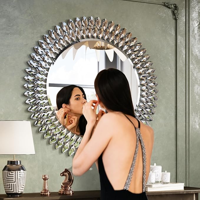 Kelly Miller 28" Jeweled Luxury Round Decorative Wall Mirror | Elegant diamond beveled vanity mirror. Perfect wall mirror for living room, bedroom, entryway.