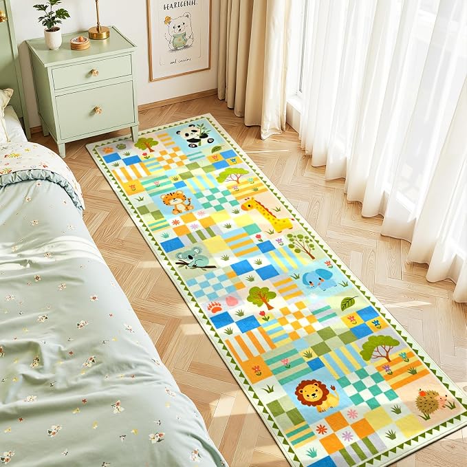 Soft Green Runner Rug for Girls Bedroom, Washable Non-Slip Hallway Carpet with Cute Animals & Colorful Checkered Design, Low Pile Floor Mat