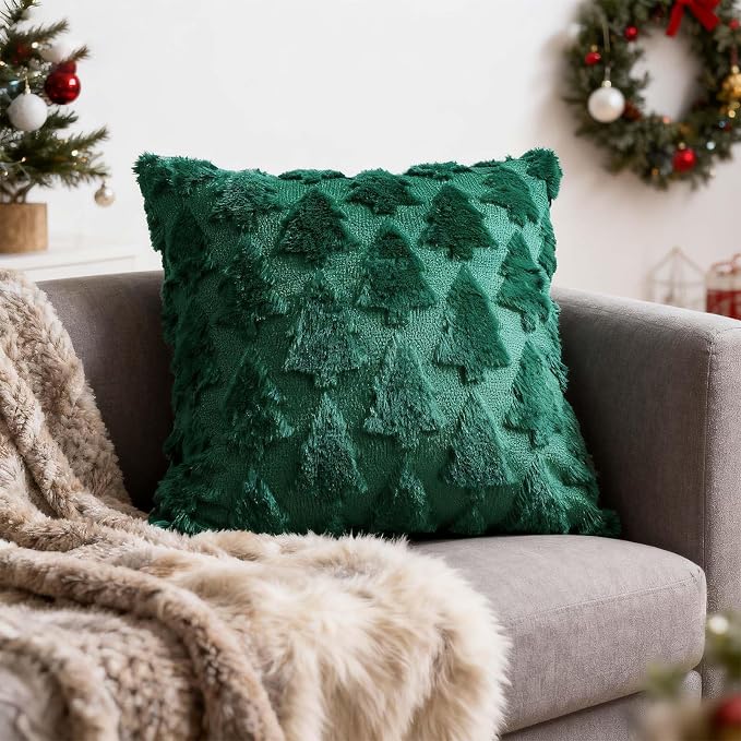 ONFAON Christmas Decorations - Christmas Tree 18x18 Throw Pillow Covers Set of 2,Xmas Decorations Faux Fur Cushion Covers, 3D Embroidered Pillow Cases for Couch Bedroom Living Room Decor, Green
