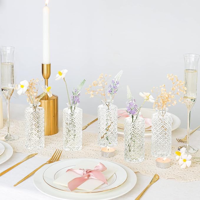 ComSaf Small Glass Bud Vases in Bulk, 6 Pack for Centerpieces, Clear | Diamond Embossed Design, Mini Flower Display, Vintage Decor, Home Accent, Table Decor, Wedding Reception, Housewarming Gift