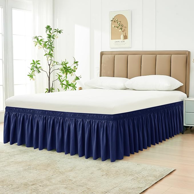 Wrap Around Bed Skirt Dorm Twin & Twin XL 15" Drop-Elastic Dust Ruffle | Adjustable Pleated Bedskirt-Easy Fit Wrinkle Resistant-Washable Hotel Quality-College Dorm Apartment Guest Bedroom Navy