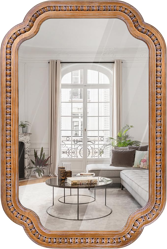 24x36 Inch Farmhouse Beaded Wall Mirror | Wood Scalloped Decorative Mirror, French Vintage Accent Mirror for Bathroom, Entryway & Glam Boho Decor