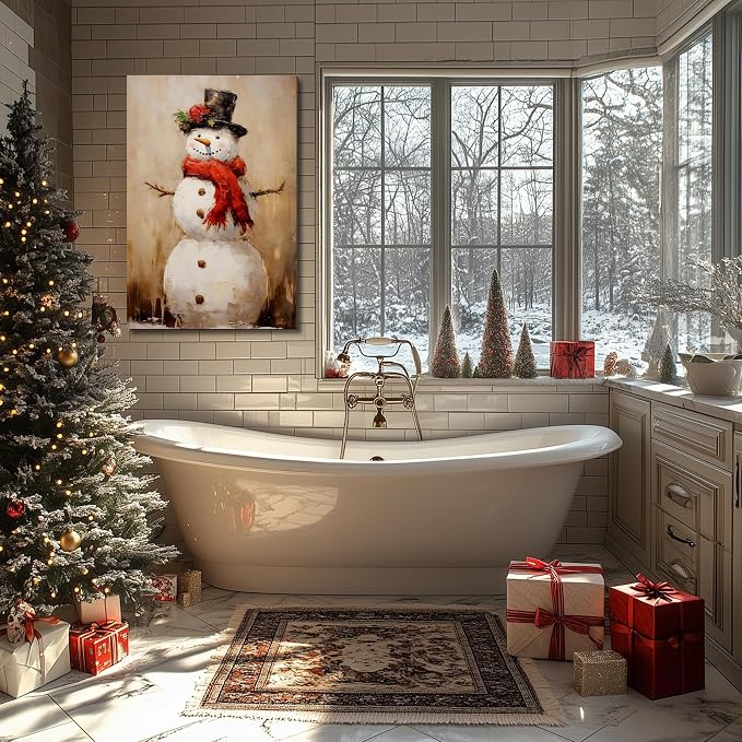 Rustic Snowman Christmas Wall Art 16x24in, Framed Christmas Pictures for Bedroom & Bathroom Wall Decorations, Farmhouse Winter Scene Painting Canvas Prints for Living Room