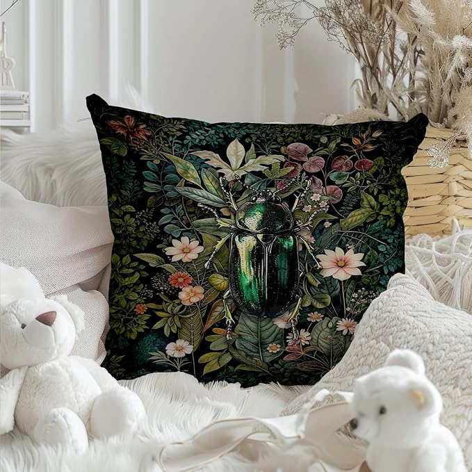 Vintage Green Botanical Beetle Pillow Covers 18x18, Dark Cottagecore Decor, Dark Academia Gothic Moody Insect Decorative Throw Pillow Covers for Home Bedroom Living Room