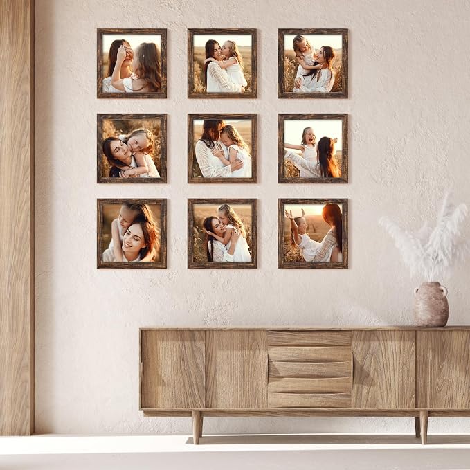 YESKAY 8x8 Picture Frame Set of 9, Photo Gallery Wall Frame Set, Display Pictures 4x4 with Mat or 8 x 8 Without Mat, Square Frame Picture Frames Collage Wall Decor, Rustic Brown