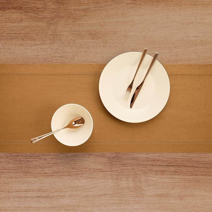 Solino Home 100% Pure Linen Table Runner Brown Sugar Hemstitch, 14 x 144 in | Classic Hemstitch, styles dining tables for meals and celebrations, hemstitched border, mitered corners, OEKO-TEX Certified