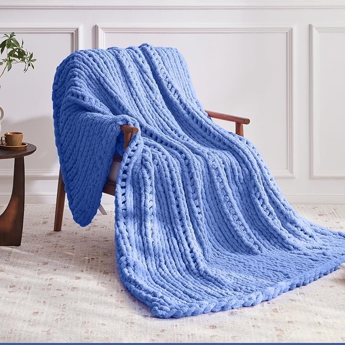 Negwoo Chunky Knit Throw Blanket, Knitted Throw Chenille Yarn, 80"*90" | Soft Thick Cable Knitted Blankets, Handmade Big Thick Blanket, Machine Washable Cute Comfy Blanket for Home Decor, Light blue