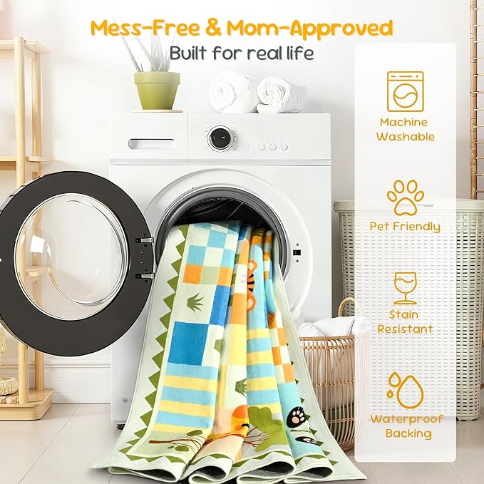 2x3 Small Green Area Rug - Washable Non-Slip Entryway Mat - Soft Playroom Carpet with Cute Colorful Animals & Checkered Design - Low Pile Home Decor Rug