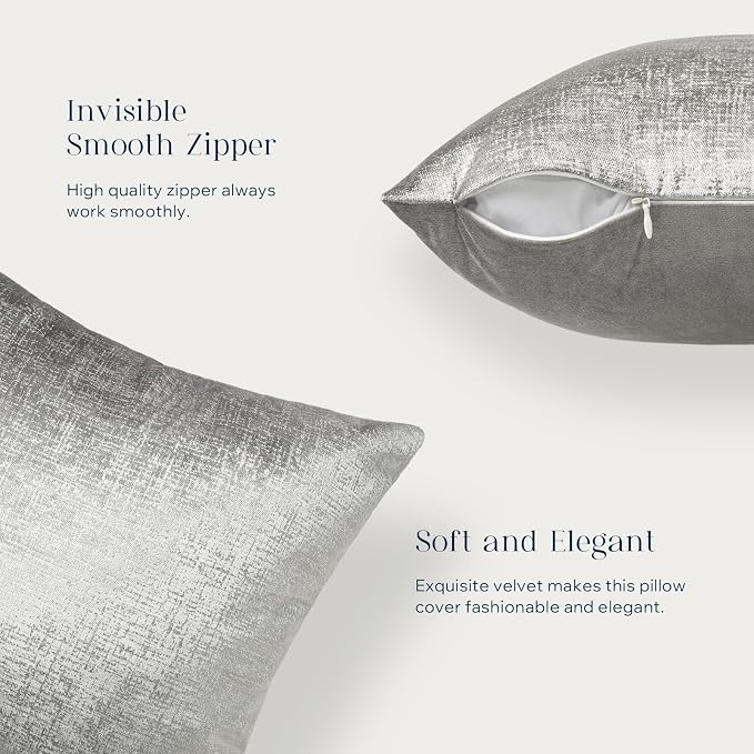 Phantoscope Pack of 2 Sparkling Velvet Decorative Solid Throw Decorative Pillow Cover Soft Silver Glitter Square Cushion Cover Pillowcase for Couch Bed and Chair, Gray, 18 x 18 inches, 45 x 45 cm