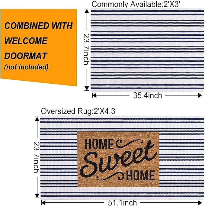 Blue and White Striped Outdoor Rug 24'' x 35'' Door Mat Outdoor Machine Washable Welcome Mats Cotton Hand-Woven Entryway Rug for Front Porch/Entryway/Laundry/Bathroom/Bedroom