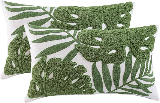 Embroidered Throw Pillow Covers 12x20 Set of 2 Green Botanical Leaf