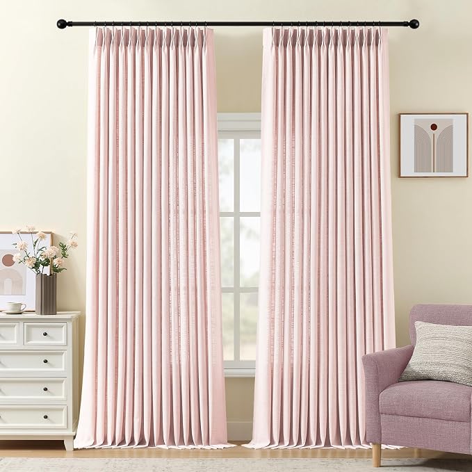 Pink Pinch Pleated 96 Inch Sheer Linen Blend Curtains for Living Room | Light Filtering, Bedroom, Girls Room, Pinch Pleat, Hook Rings, Non See Through, Memory Shape, W40xL96, 2 Panels, Light Pink