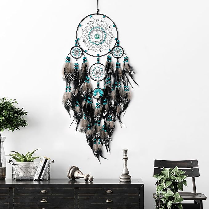Large Dream Catchers, Boho Handmade Woven Black Dream Catchers Wall Hanging for Bedroom Living Room Dorm Room Decor, Adults Wedding Party Decor, Festival Blessing Gift (Turquoise & Black)