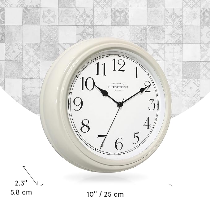 Presentime Chic Home Collection 10" Molly Clock | Silent No Ticking, Cream White. Modern Decorative Wall Clock for Kitchen, Kid's Room, Bathroom, Bedroom, and Office