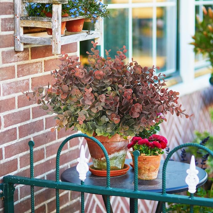 RECUTMS 20 Bundles Artificial Eucalyptus Greenery Stem Plant 13In Dusty Red | Plastic Boxwood Shrub,No Maintenance,Long-term Reuse,Table Arrangement,Outdoor Planter Vase Farmhouse Garden Window Box Decor
