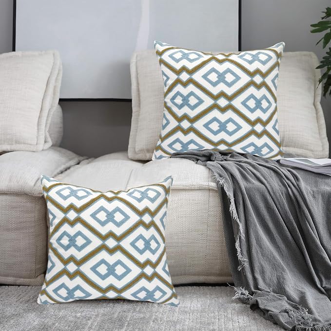 Alysheer Boho Embroidered Throw Pillow Cover 18"x18" Set of 2, Blue Khaki