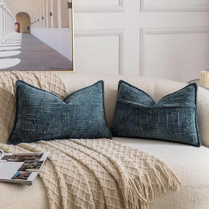 MADIZZ Pack of 2 Chenille Throw Pillow Covers 12x20 Inch Grey Blue Soft Neutral Decorative Throw Pillows for Couch Sofa Boho Accent Cushion Covers Modern Farmhouse Home Decor for Bedroom Living Room