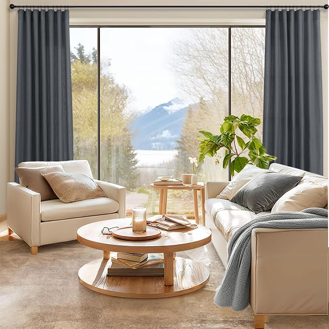 Grey Curtains for Living Room 96 Inches Long 2 Panels Back Tab Light Filtering Linen Semi Sheer Modern Farmhouse 8ft Curtain Drapes for Bedroom Home Office Ceiling to Floor Length Charcoal Dark Gray