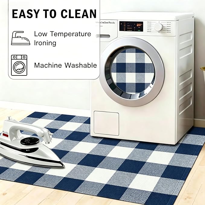 SEEKSEE Buffalo Plaid Outdoor Rug 27.5x43 Navy Blue and White Front Door Mat, Layering Rug for Porch, Washable Doormat, Front Porch Rug for Outdoor Entrance Entryway Patio Porch Decor