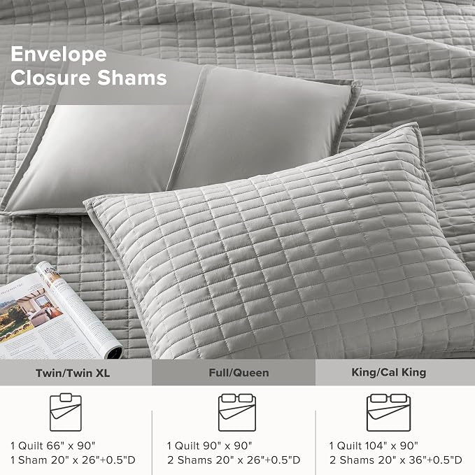 Comfort Spaces Kienna Queen Quilt Bedding Set 3 Piece, 90"x90" Grey | Soft Cozy Lightweight Summer Coverlet Full Size, Quilted Bedspreads Extra Layer, Modern Casual Bedroom Decor, OEKO-TEX