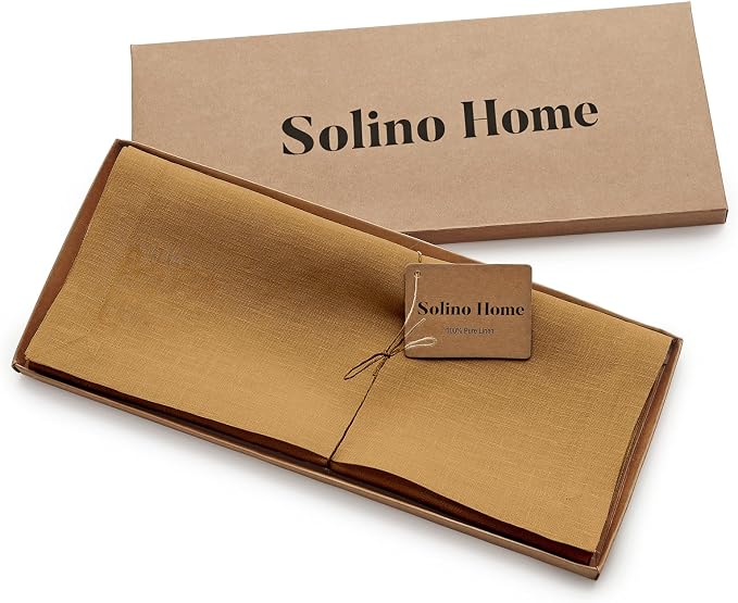 Solino Home 100% Pure Linen Table Runner Caramel Woven, Fete 14 x 36 in | brings a tailored look to family meals and hosting, European flax fibres, effortlessly elegant, Caramel, OEKO-TEX Certified
