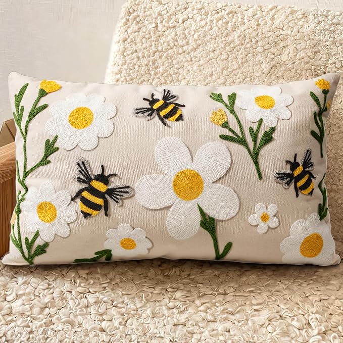 Embroidered Lumbar Pillow Cover 20x12 Inch, Flower Bee | Decorative Throw Pillow Cover, Floral Farmhouse Cushion Case with Hidden Zipper, Home Decor for Couch, Sofa, Living Room