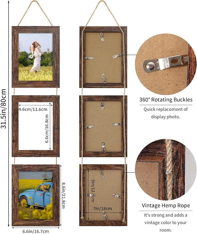 5x7 Collage Picture Frames Set of 2, Rustic Wooden Real Glass Vertical Hanging 3 Opening 5 by 7 Photo Frame, Distressed Brown
