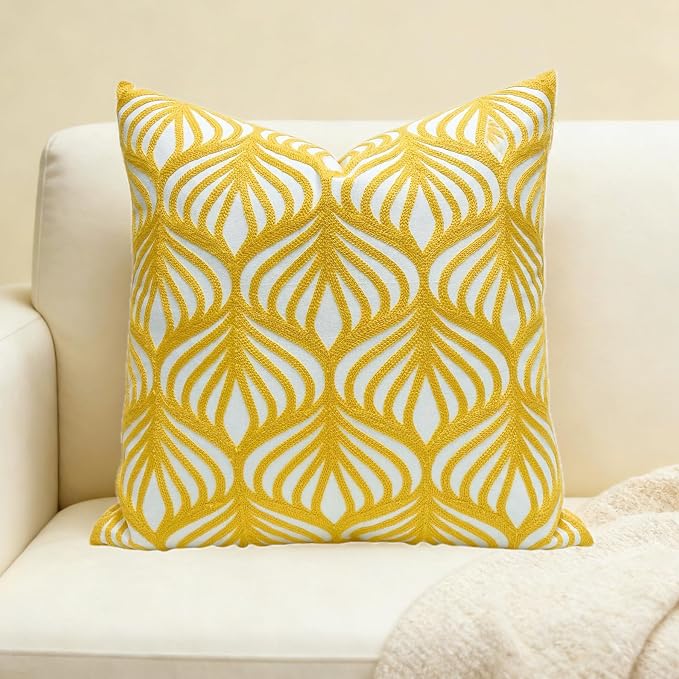 Slow Cow Embroidery Decorative Throw Pillow Cover Case for Couch Sofa Home Decor Modern Geometric Accent Pillow Cushion Cover 18 x 18 Inches Yellow