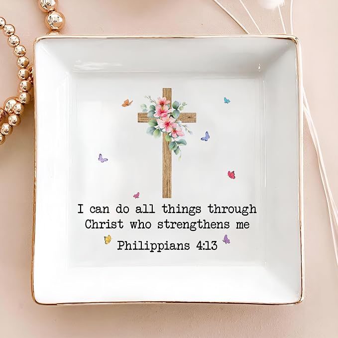 Inspirational Bible Verse Jewelry Dish,4" Ceramic Jewelry Tray Christian Gifts for Women, Religious Gifts for Mom, Daughter, Sister, Friends - Birthday, Confirmation, Catholic Gift for Her, Teen Girls
