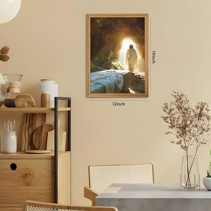 3D Textured Framed Easter Jesus Wall Art, Jesus Leaves the Tomb Christian Wall Decor Painting, Religion Resurrection Savior Picture Poster Print for Church Prayer Room Living Room 12x16 Inch