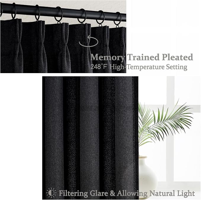 Black Sheer Curtains 96 Inch Pinch Pleated Linen Blend 2 Panels
