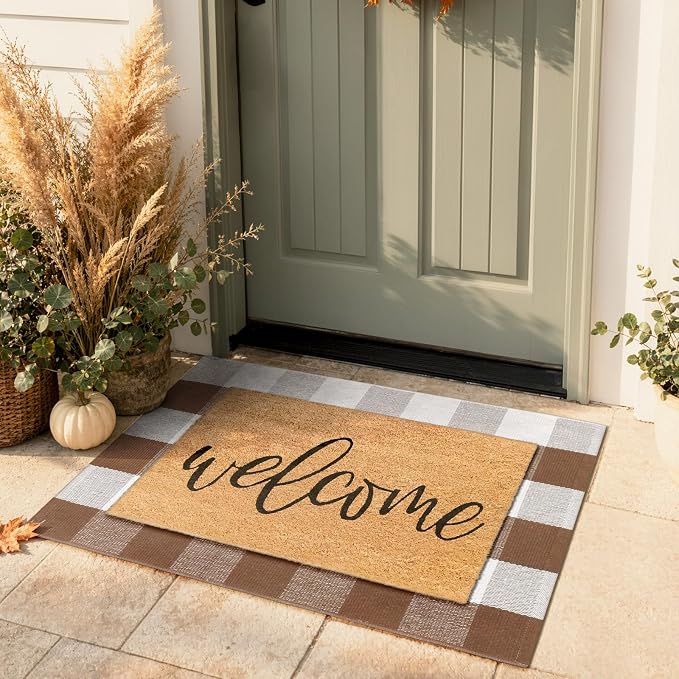 LEEVAN Buffalo Plaid Outdoor Rug, 2x3 Fall Front Porch Rugs Doormat Decor | Brown and White Entryway Rugs, Small Washable Layered Door Mat, Farmhouse Checkered Rugs for Kitchen Patio Bathroom Autumn