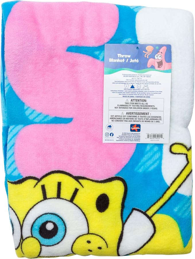 Silver Buffalo Spongebob Squarepants, Fleece Throw Blanket, 45x60in | Nickelodeon, Have the Best Day Ever, Flannel, 180 GSM