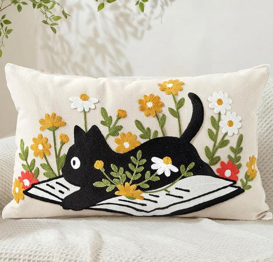 Animal Embroidered Lumbar Pillow Cover 20x12 Inch, Cat Floral | Decorative Throw Pillow Cover, Farmhouse Cushion Cases with Hidden Zipper, Cottagecore Decor for Couch, Sofa, Bedroom