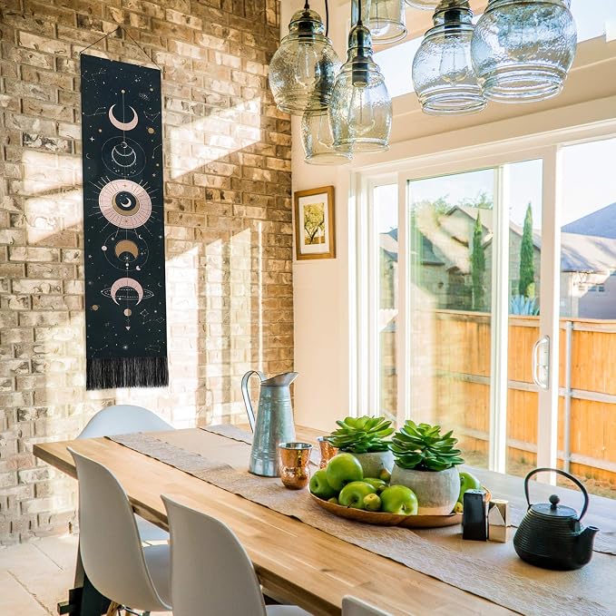 Moon Phase Wall Hanging Art - Bohemian Tapestry for Room (Black, 12.8 x 51.2 inches)