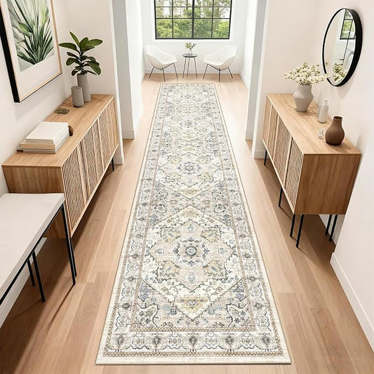 AooHHooA Boho Washable 2x10 Runner Rugs Beige Non Slip Low Pile Long Runner Rug, Stain Resistant Soft Faux Wool Runners for Hallway Laundry Entryway Bedroom