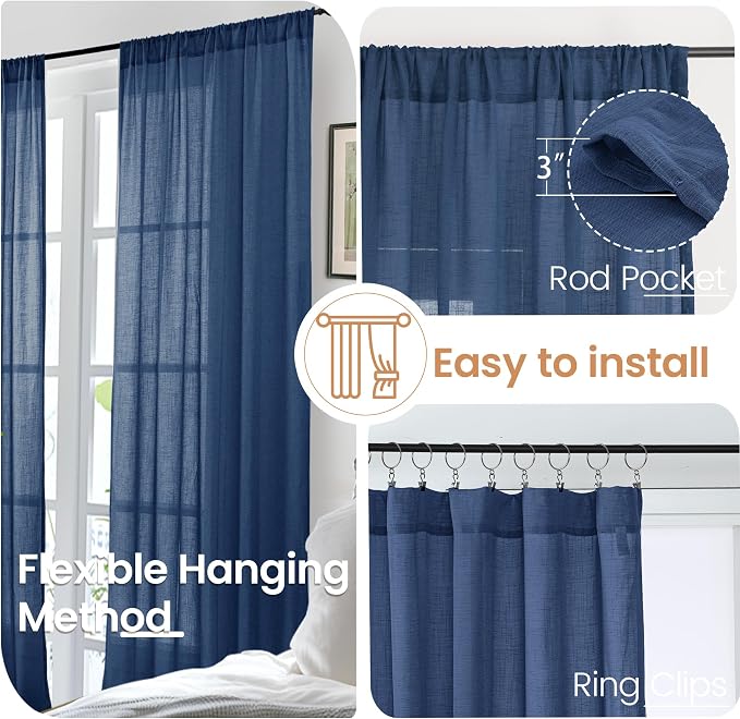 BGment Navy Blue Linen Curtains 48 Inch Length for Windows, Semi Sheer Drapes Light Filtering for Short Bedroom Living Room Bathroom Decor Lightweight with Rod Pocket, 2 Panels Set, Each 42 Inch Wide