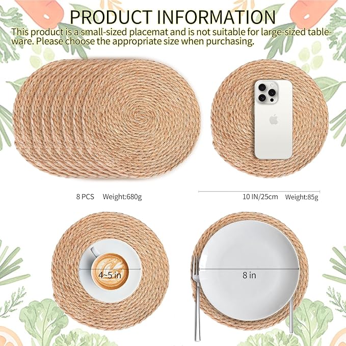 Mini Rattan Woven Placemats Set of 8, 10 Inch Natural Jute Braided Farmhouse Table Mats Small Tableware or Room Decoration Please Choose Carefully