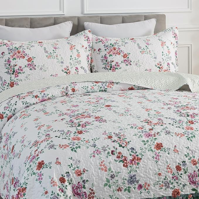 Travan 3-Piece Quilt Set Quilted Bedspread Lightweight Coverlet Set Garden Style Floral Printed Oversized Quilted Bedding Set with Shams for All Season, Exquisite, King Size
