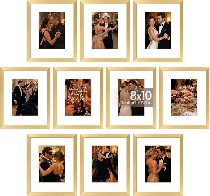 upsimples 8x10 Picture Frame, Photo Collage Wall Decor Set of 10, Gold