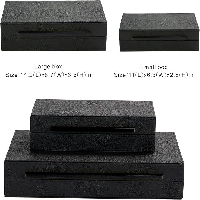 Set of 2 Decorative Boxes With Black Metal Handles，PU Faux Leather Jewelry Boxes Modern Storgage Boxes With Lids Keepsake And Memory Boxes,Home Organizer Box (Black-Black, 2pack)