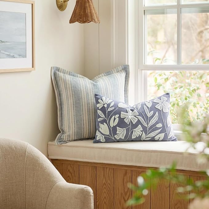BlissBlush Decorative Lumbar Pillow Cover 12x20, Coastal Dusty Blue Accent Velvet Throw Pillowcase for Couch Sofa Living Room, Floral Tufted Rectangular Cushion, Cover Only