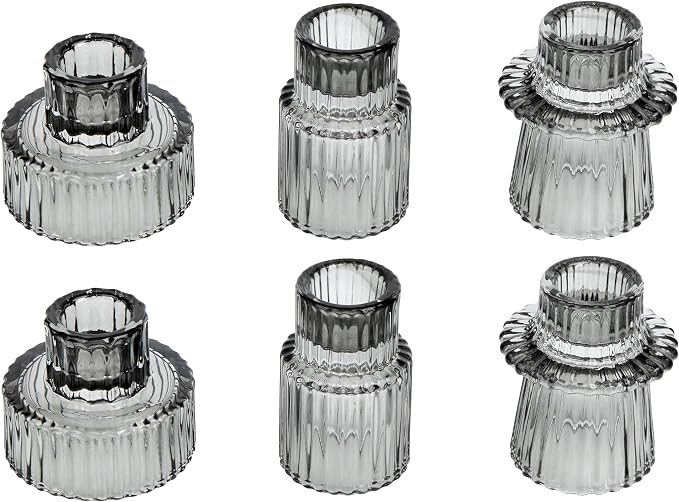 Vixdonos Taper Glass Candlestick Holders Tealight Candle Holders for Table Centerpieces, Wedding Decor and Dinner Party (6 Pcs, Gray)