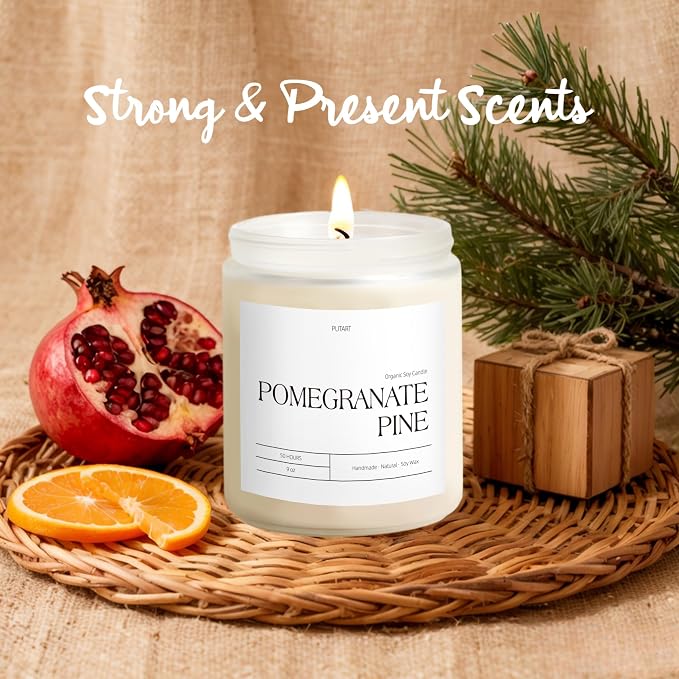 Pomegranate Pine Candles for Home Scented, 9oz Non Toxic Soy Candle | Natural Aromatherapy Candles with Essential Oil, Home Fragrance Stress Relief & Meditation Jar Candles Gifts for Women & Men