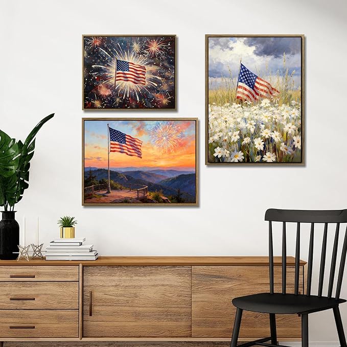 American Flag Framed Canvas Wall Art, 4th of July Patriotic Canvas Prints | USA Flag with Ocean Sunset Landscape Poster Print, Independence Day Wall Decor for Bedroom Living Room 11×14in