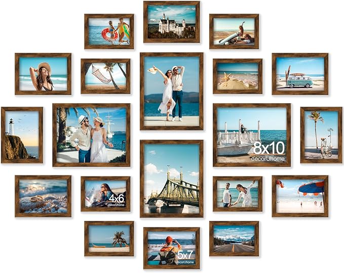 decorUhome 20 Pack Assorted Picture Frame Set for Wall & Tabletop, P0720DBN | Distressed Brown, Multi Size Picture Frame Includes Four 8x10 / Eight 5x7 / Eight 4x6 for Family Gallery Wall
