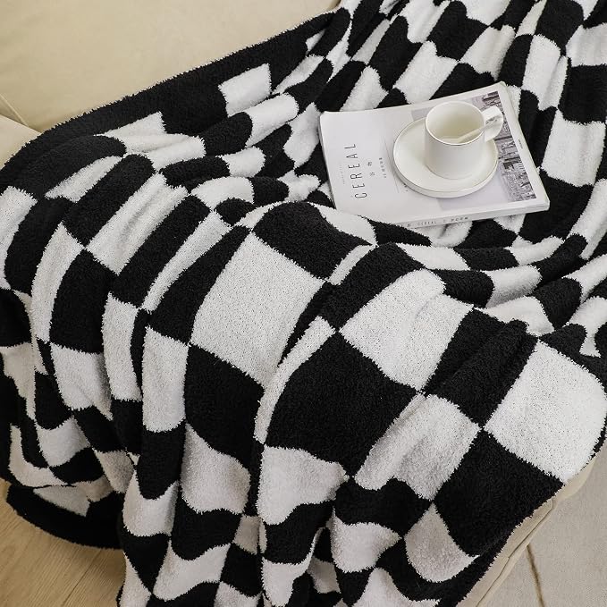 bearberry Soft Plush Throw Blanket for Couch, Cozy Warm & Lightweight | Knitted Fluffy Checkered Comfort Home Decor Gift for Women Mom Her, Sofa Chair Bed, 50x60in, Black