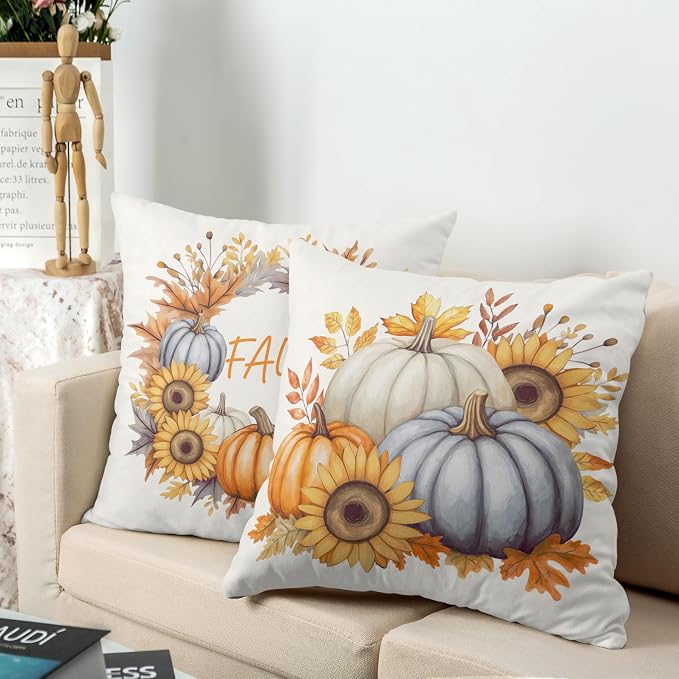 Fall Pillow Covers 16x16 Set of 2 Colorful Pumpkin Sunflower Wreath Throw Pillow Covers Autumn Harvest Pillow Case Thanksgiving Cushion Case for Home Decor Couch Sofa