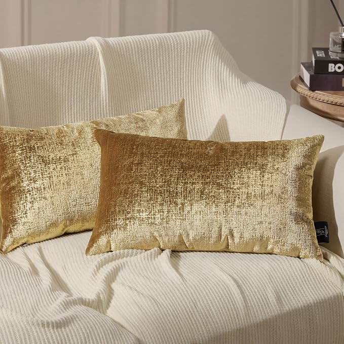 Phantoscope Pack of 2 Sparkling Velvet Decorative Solid Throw Decorative Pillow Cover Soft Gold Glitter Square Cushion Cover Pillowcase for Couch Bed and Chair, Gold, 12 x 20 inches, 30 x 50 cm